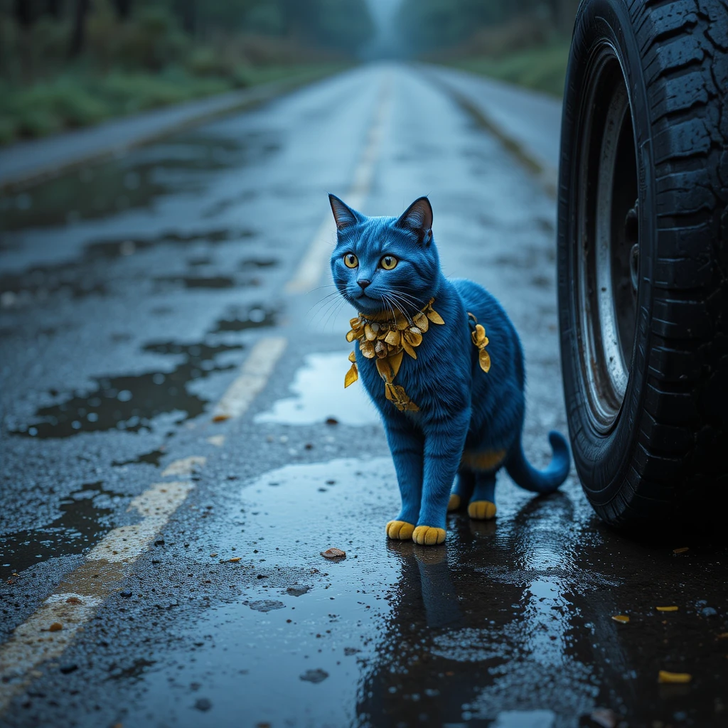 Blue and yellow fantasy cat beside wet tire on rainy road