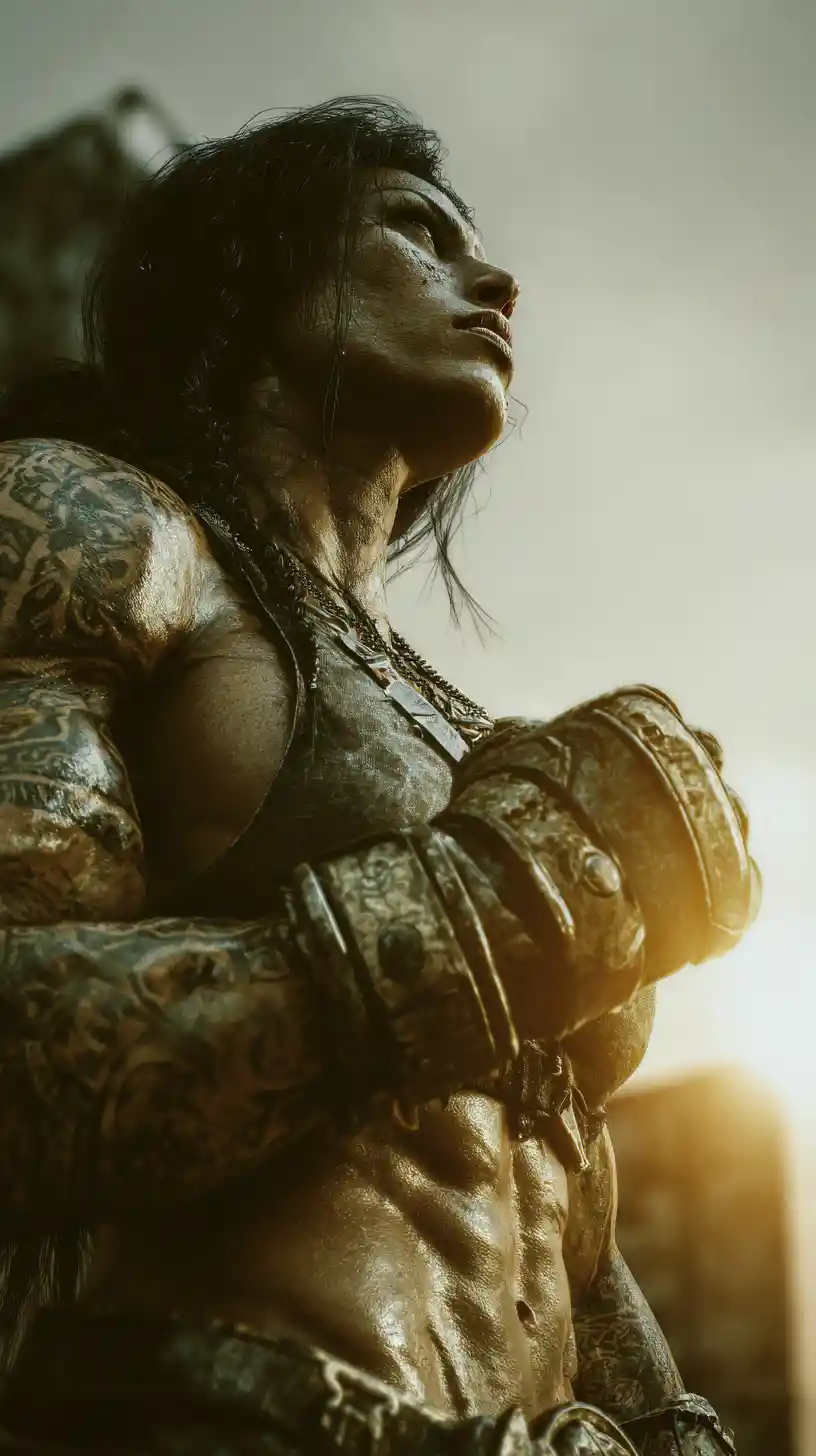 Muscular female warrior in golden armor in ruined city