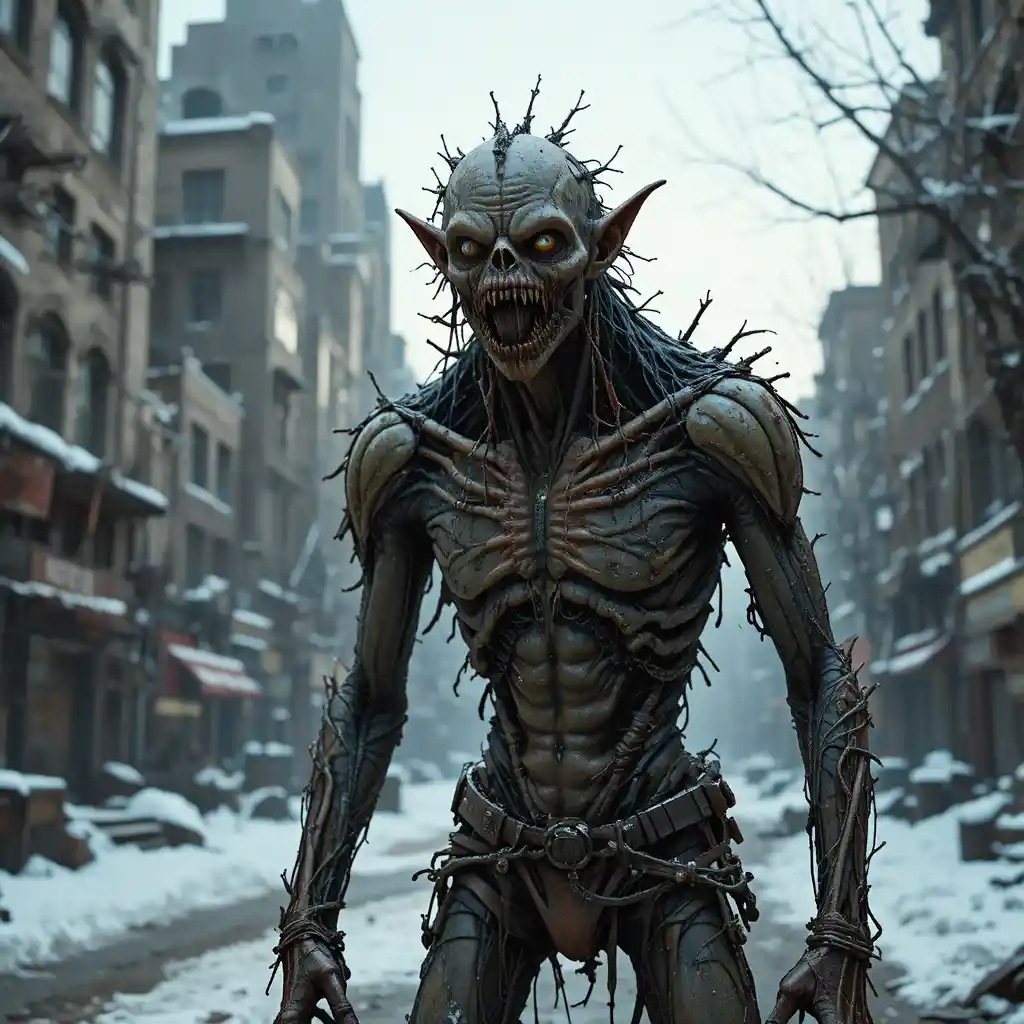 Ghoul mutante in una strada innevata di città post-apocalittica