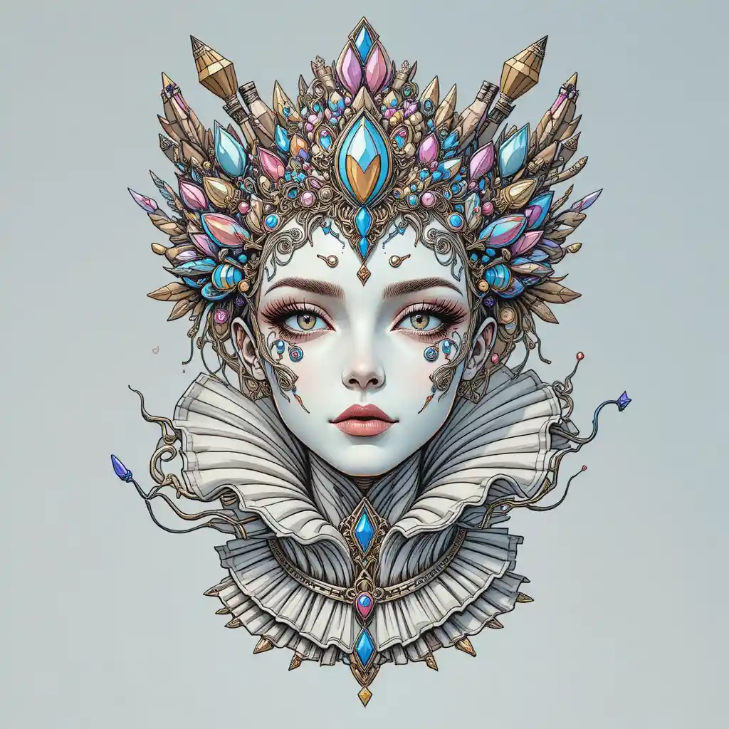 Máscara surreal cravejada de joias com coroa ornamentada e gola babado