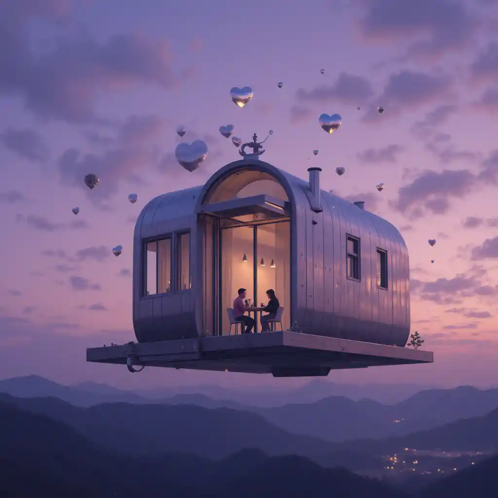 Maison en acier flottante dans un ciel violet au crépuscule