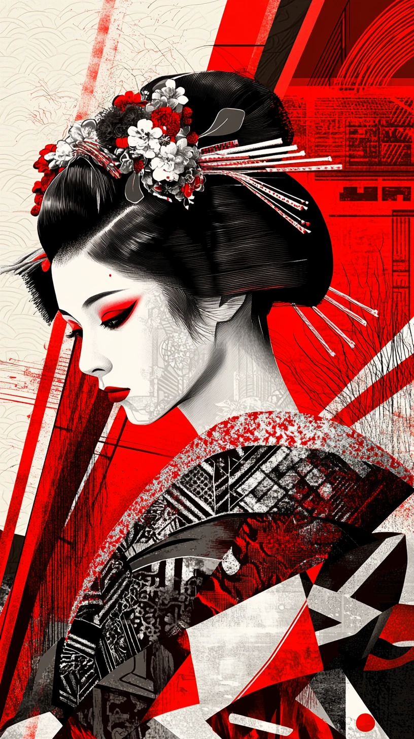 Elegant geisha portrait with black kimono and red abstract backdrop