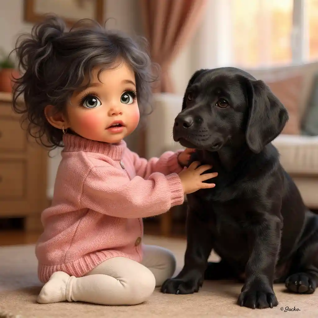 Niña pequeña abrazando a un labrador negro en el suelo de la sala de estar