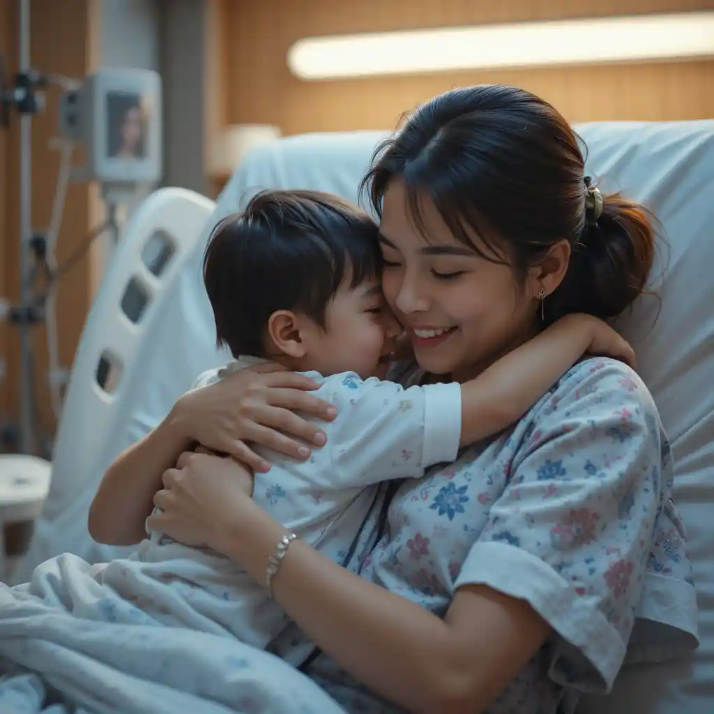 Mother hugging child in warm hospital room