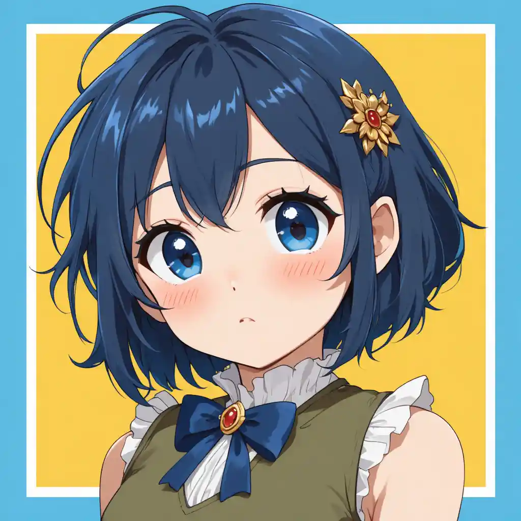 Dolce ragazza anime con vestito verde su sfondo giallo brillante