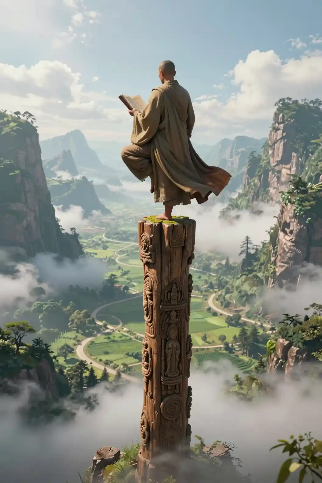 Monk Balancing On Wooden Pole Above Misty Mountain Valley