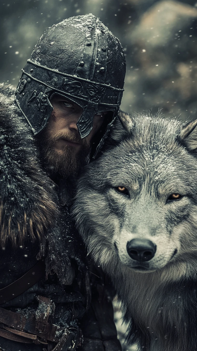 Wikingerkrieger und grauer Wolf stehen sich im Schnee gegenüber