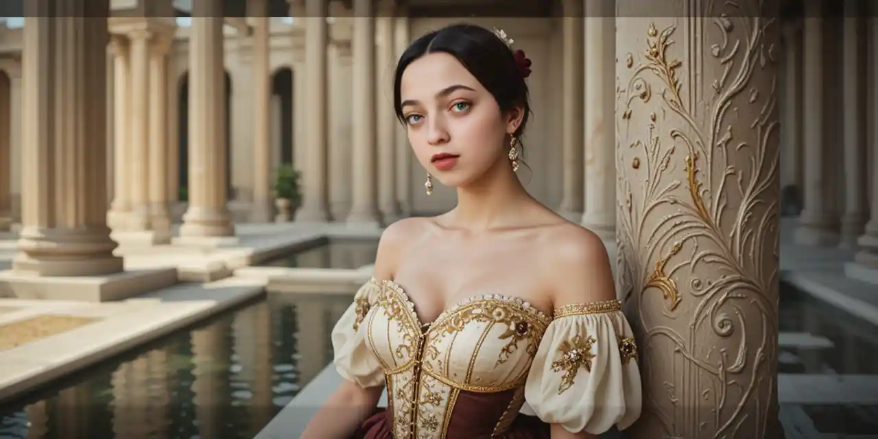 Blonde woman in ornate corset by classical outdoor columns