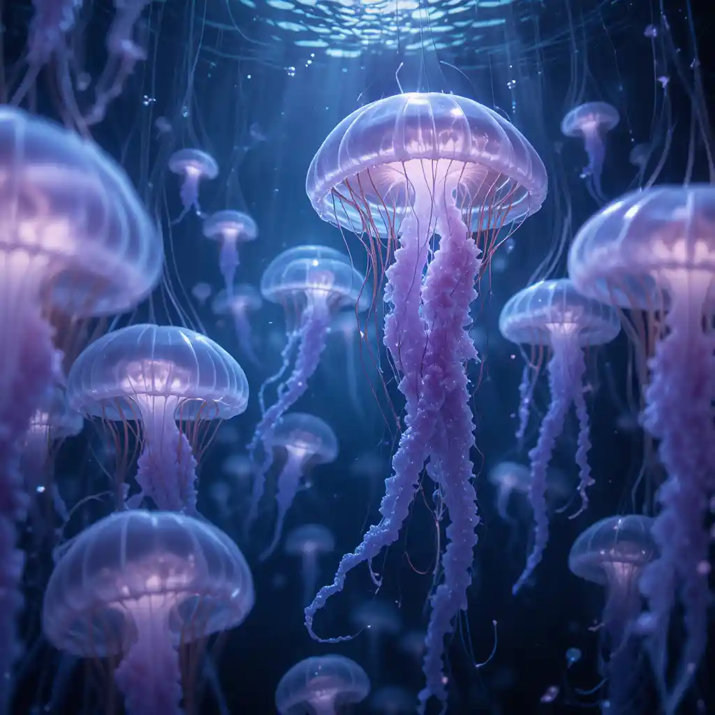 Unterwasserquallen mit Silberglocken und violetten Herz-Tentakeln