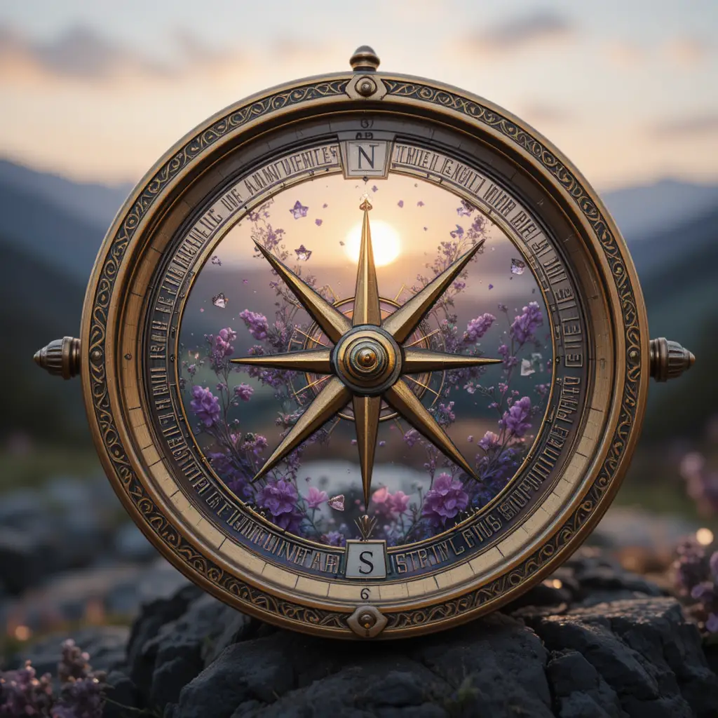 Vintage brass compass pointing toward a glowing sunrise horizon