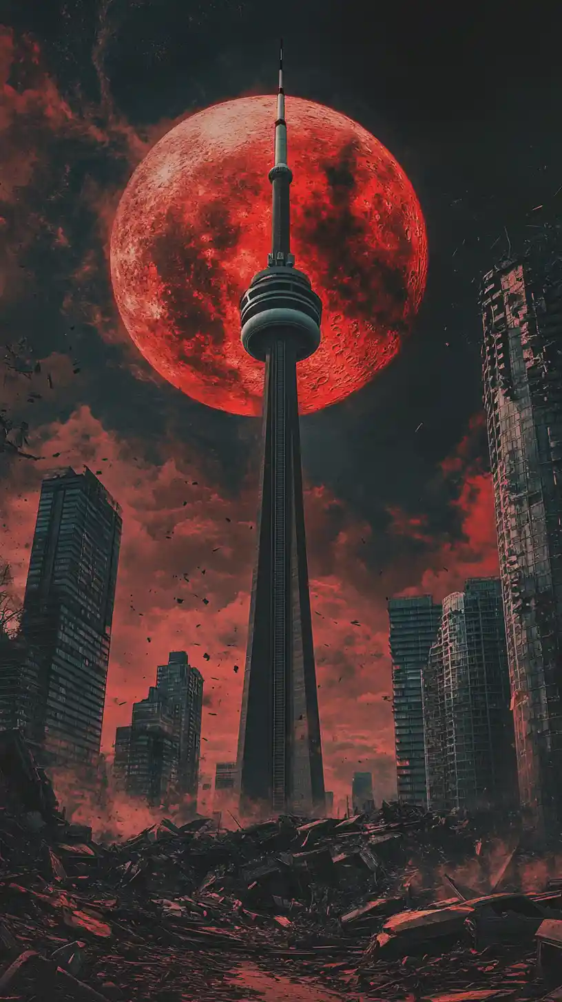 Rovine Apocalittiche di Toronto Dominata da Torre e Luna Rossa