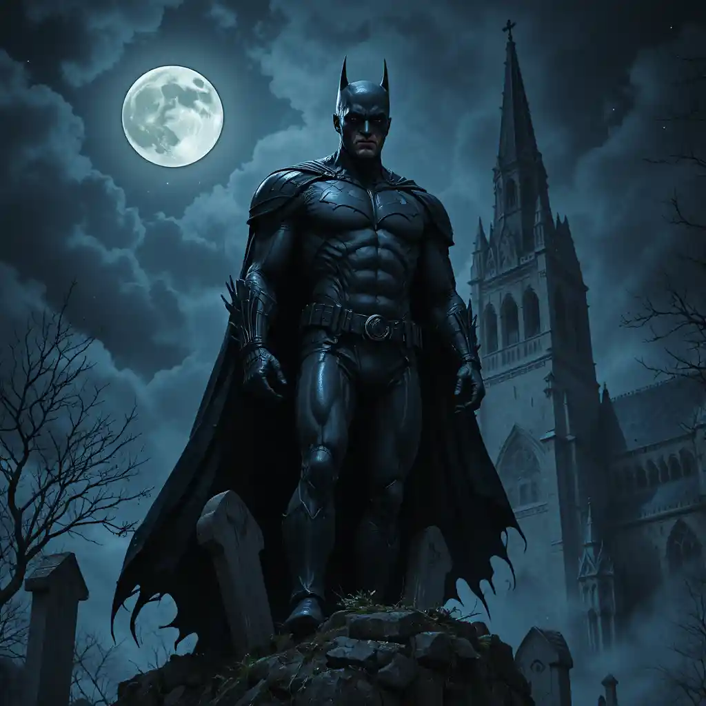Supereroe gotico oscuro su una cattedrale sotto la luna piena