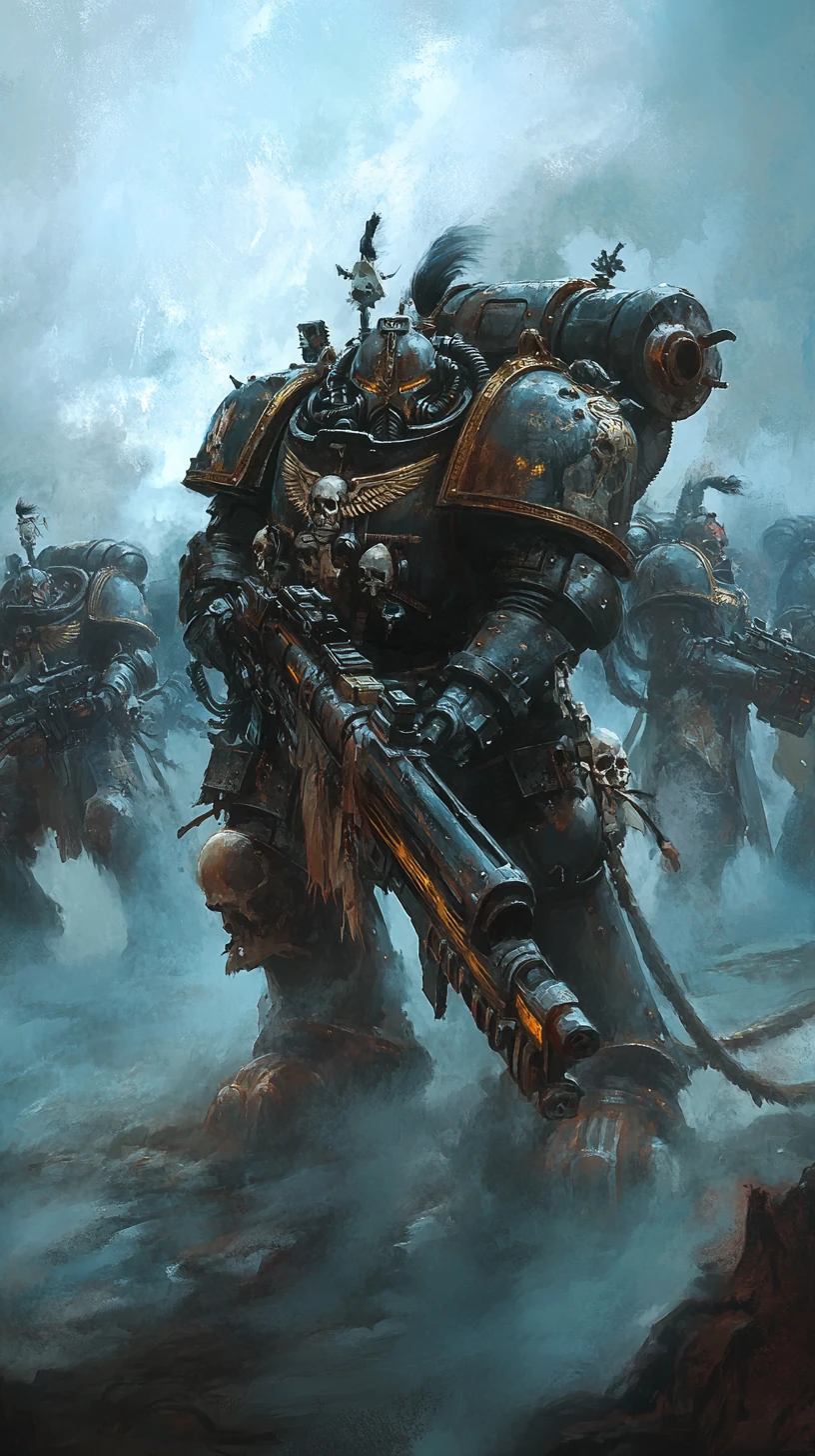 Armored sci fi warriors with heavy guns in dense fog
