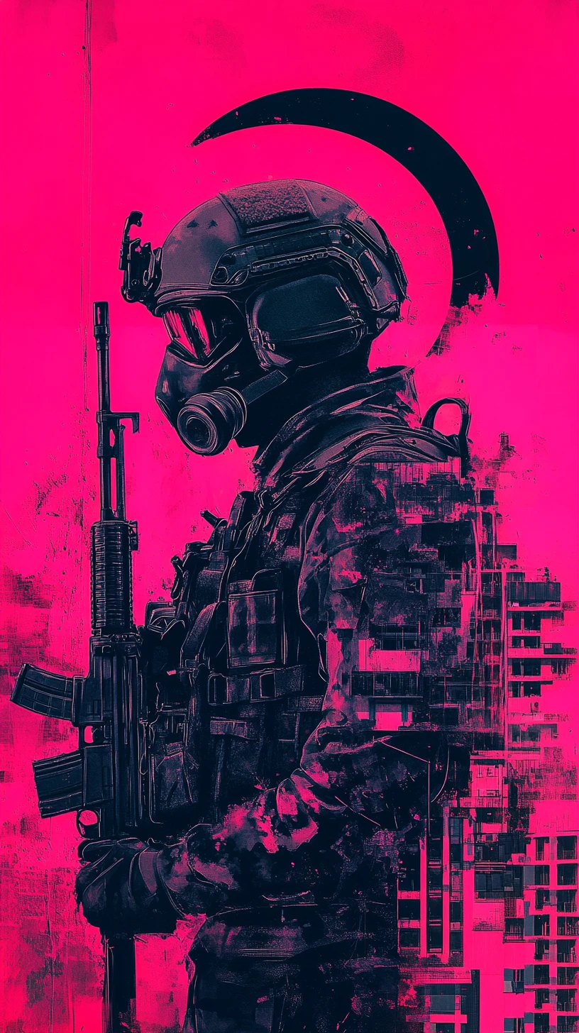 Soldado blindado se dissolvendo em pinceladas urbanas neon