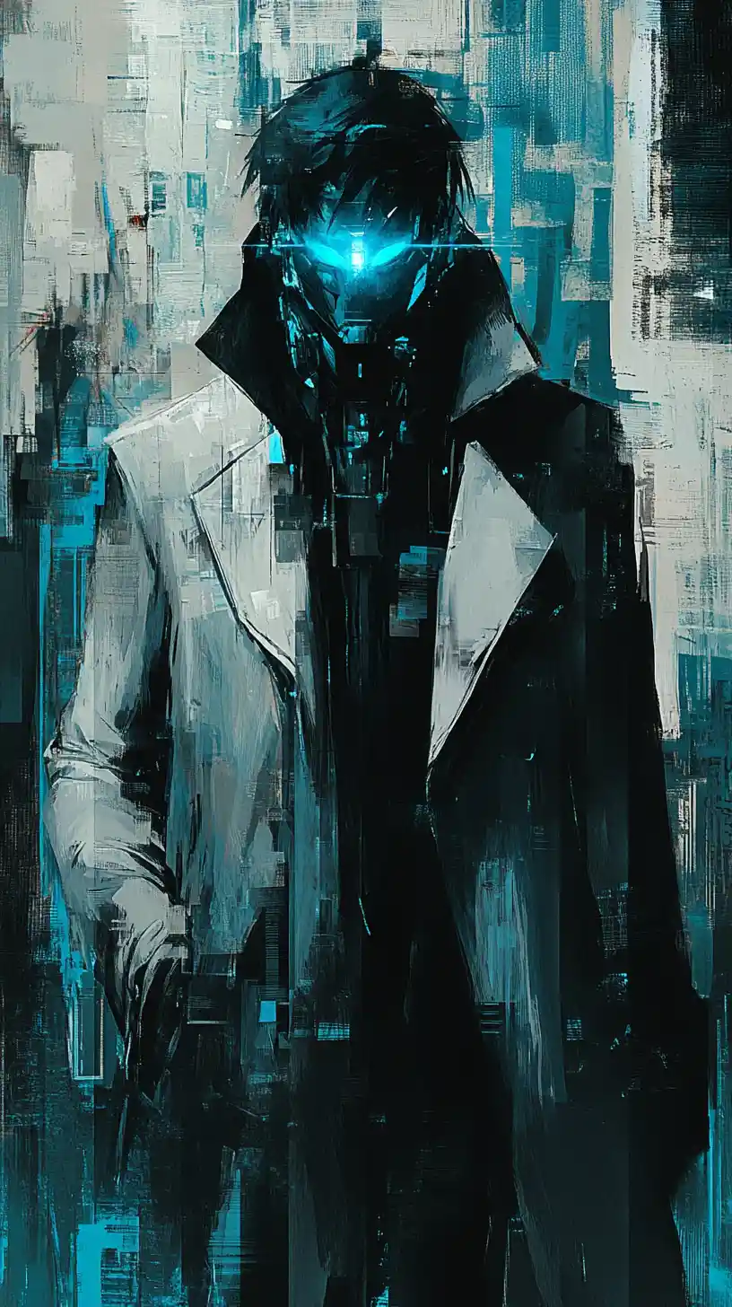 Cybernetic detective with glowing blue eye in neon city