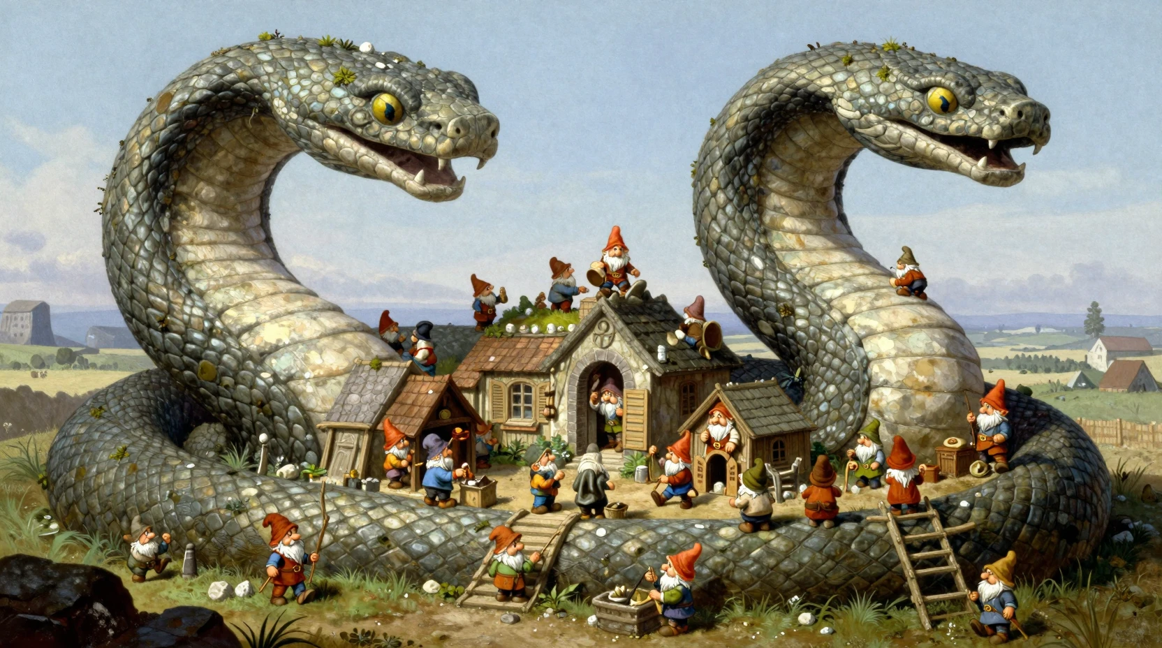 Village de gnomes serpentant à travers un colossal serpent de pierre