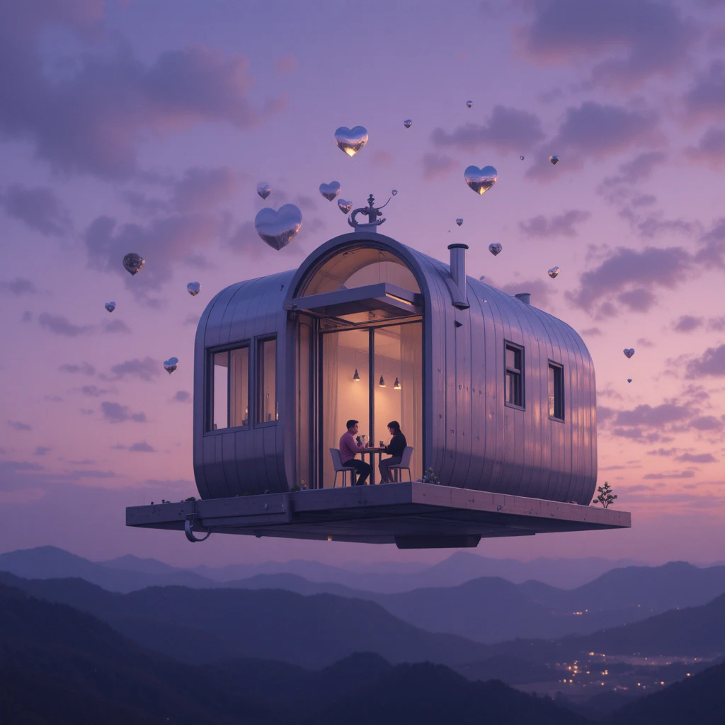 Schwebendes Stahlhaus im violetten Abendhimmel