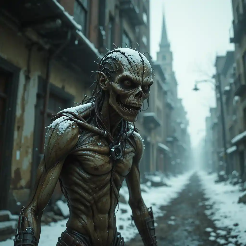 Feral ghoul standing in a ruined winter city street