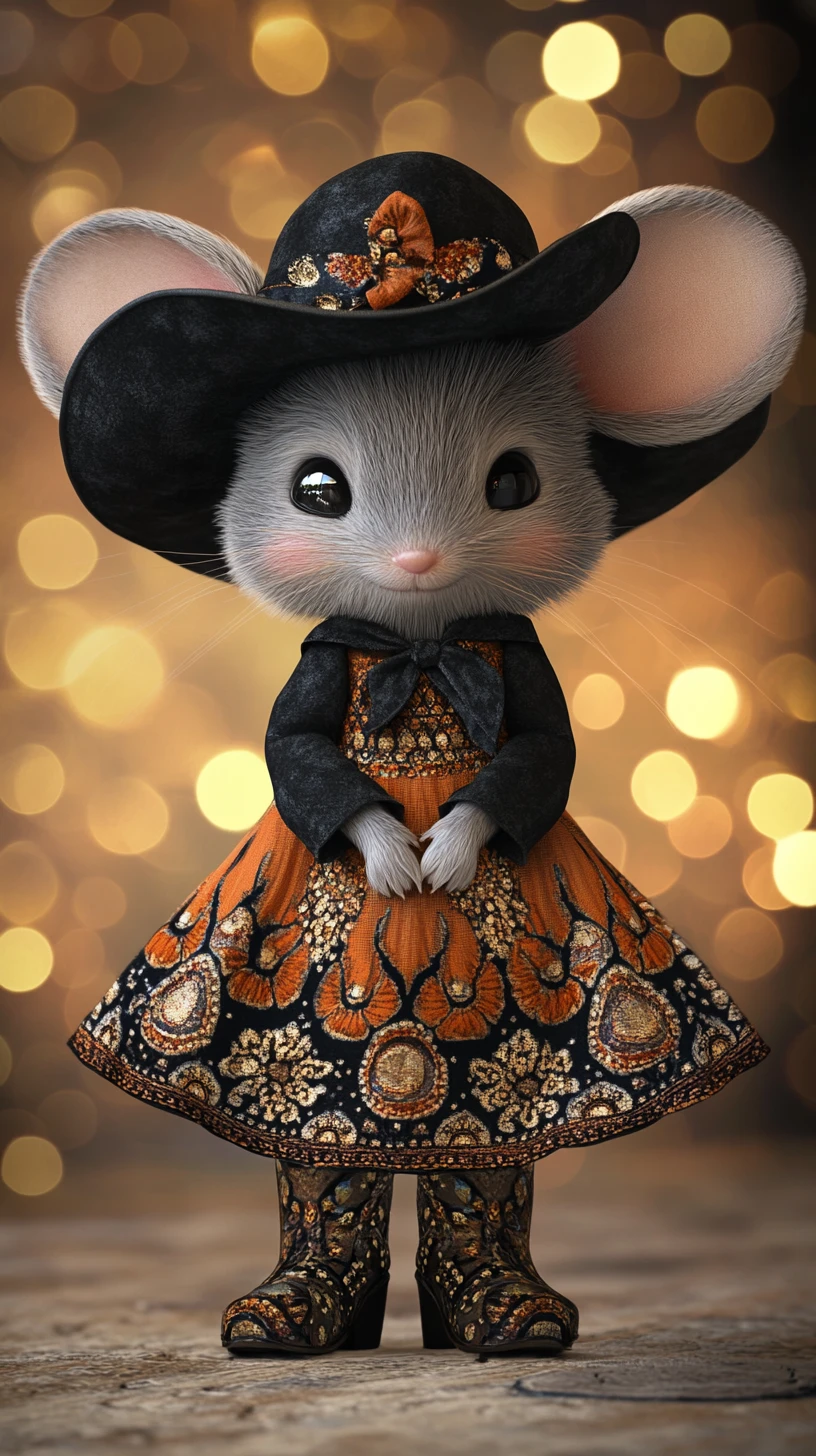 Anthropomorphic mouse in patterned dress with golden bokeh background