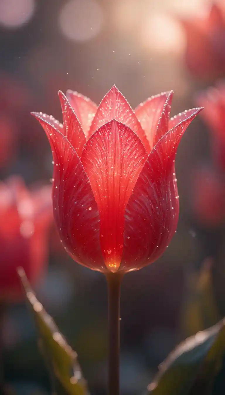 Tulipano rosso luminoso con petali di fantasia cristallini
