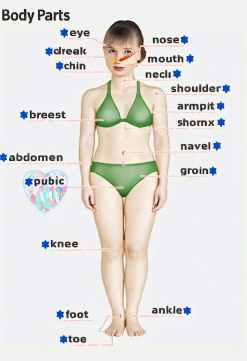 Ilustración anatómica educativa con partes del cuerpo femenino etiquetadas