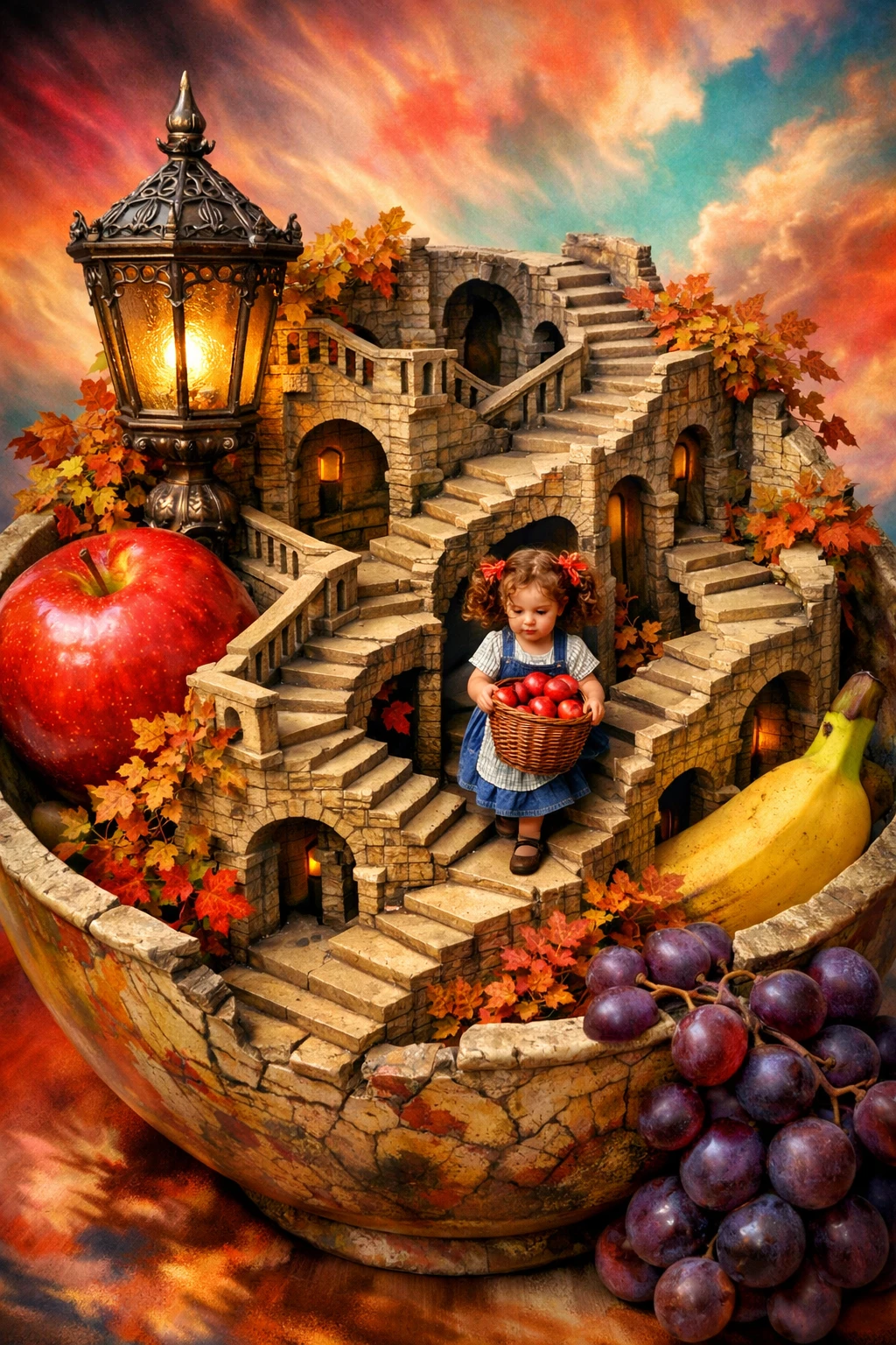 Escadaria esculpida surreal crescendo de uma tigela de frutas