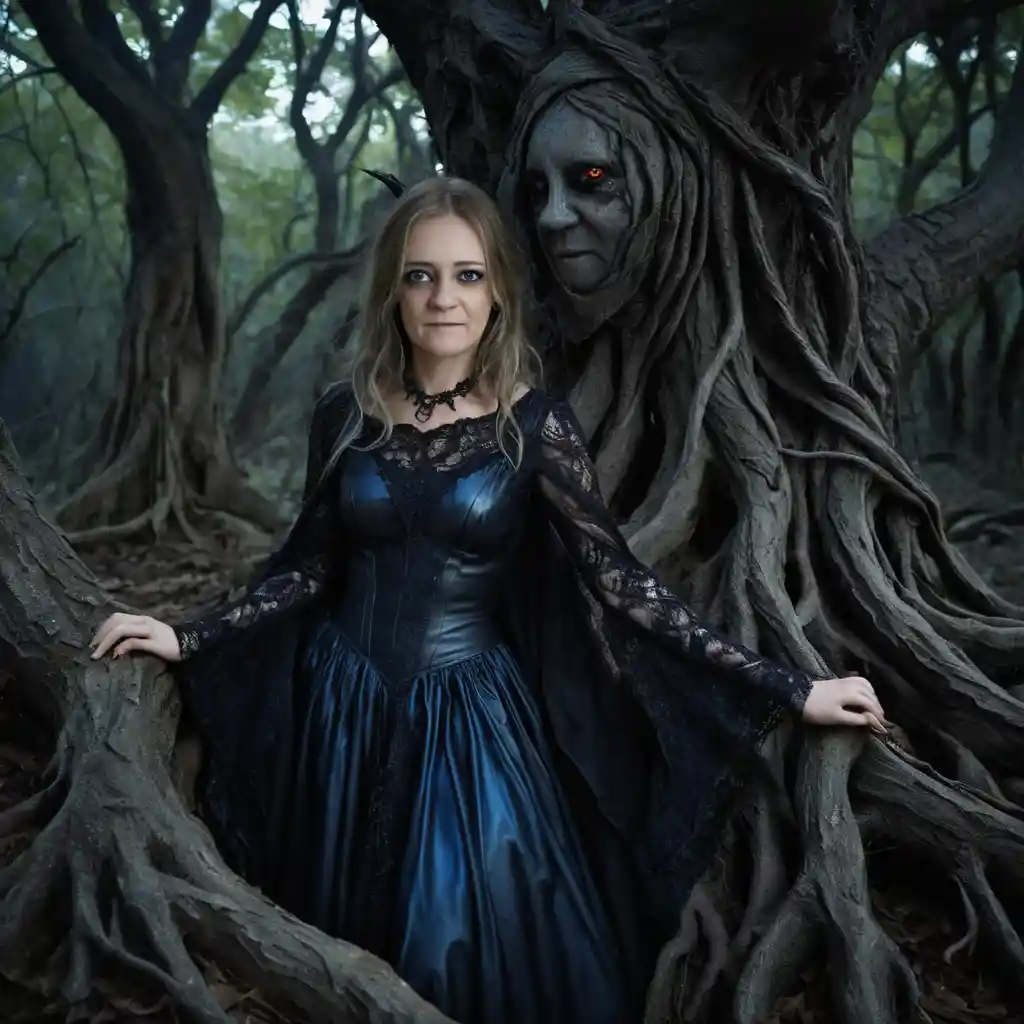 Ethereal witch stepping over roots in a dark forest