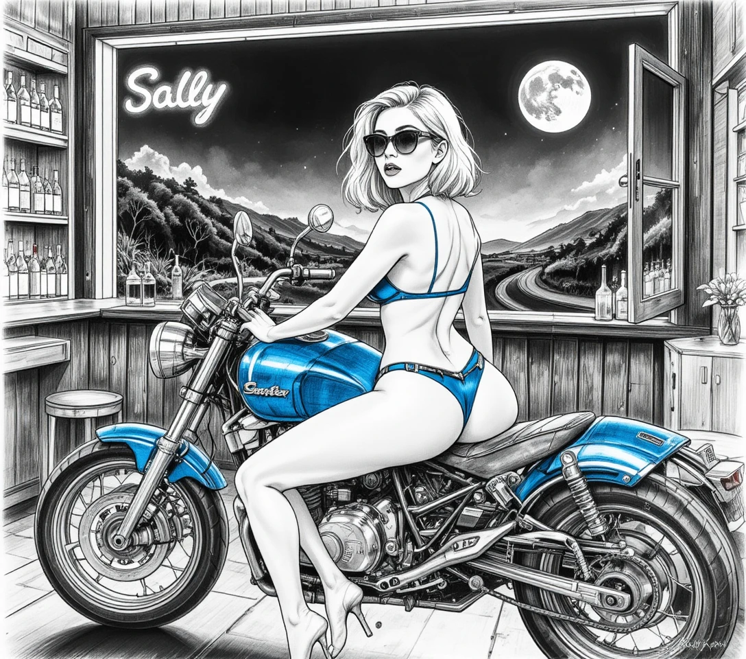 Mulher ruiva em moto azul-escura em bar de neon