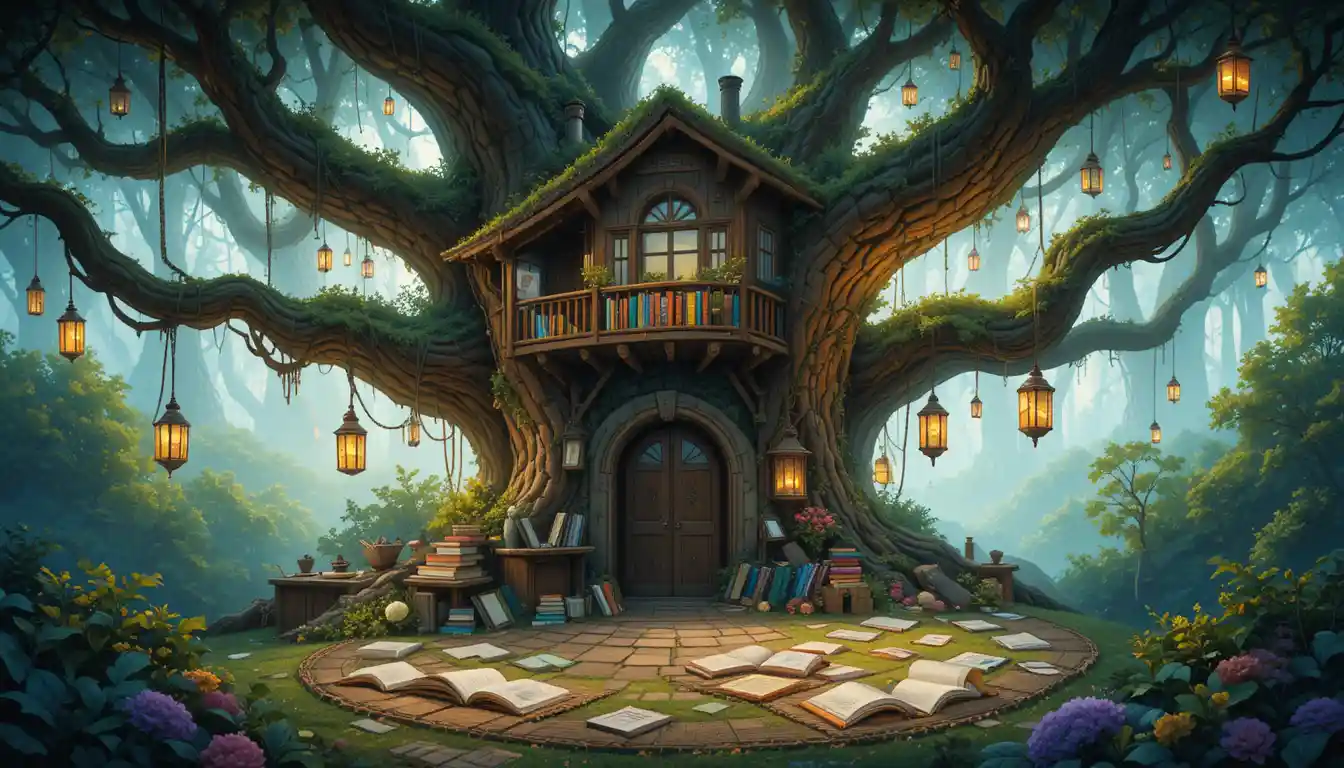 Whimsical Treehouse Reading Nook Among Ancient Forest Branches
