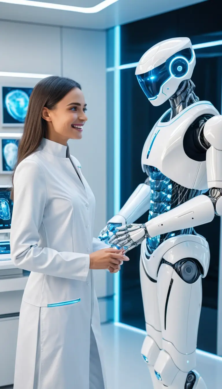 Futuristic dentist with humanoid robot in high tech clinic