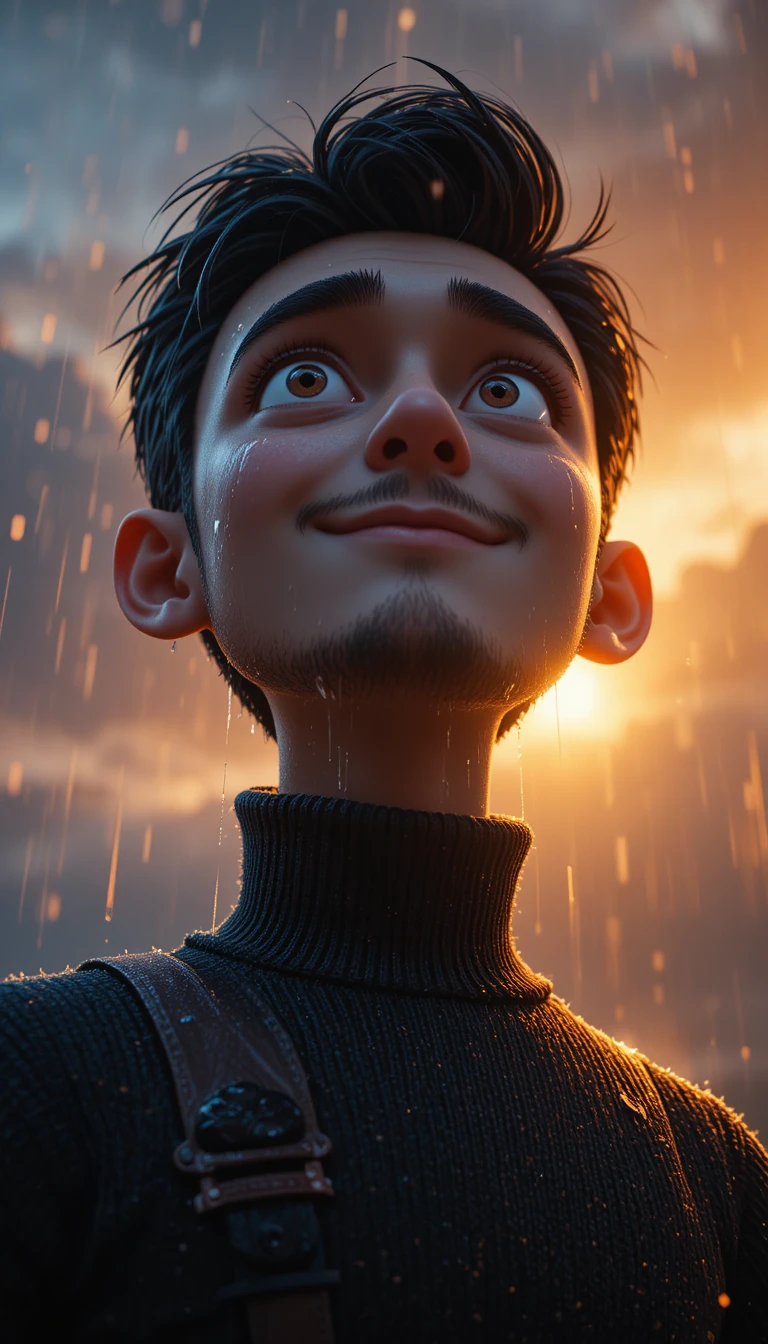 3D-Cartoon-Mann lächelt im Regen bei Sonnenaufgang