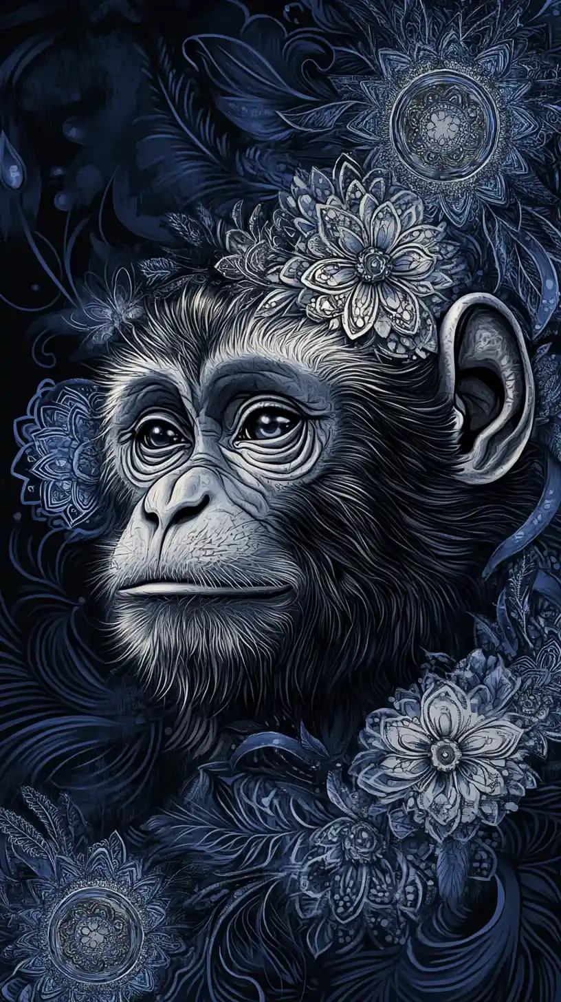 Illustrazione surreale di scimmia con intricati motivi metallici a mandala