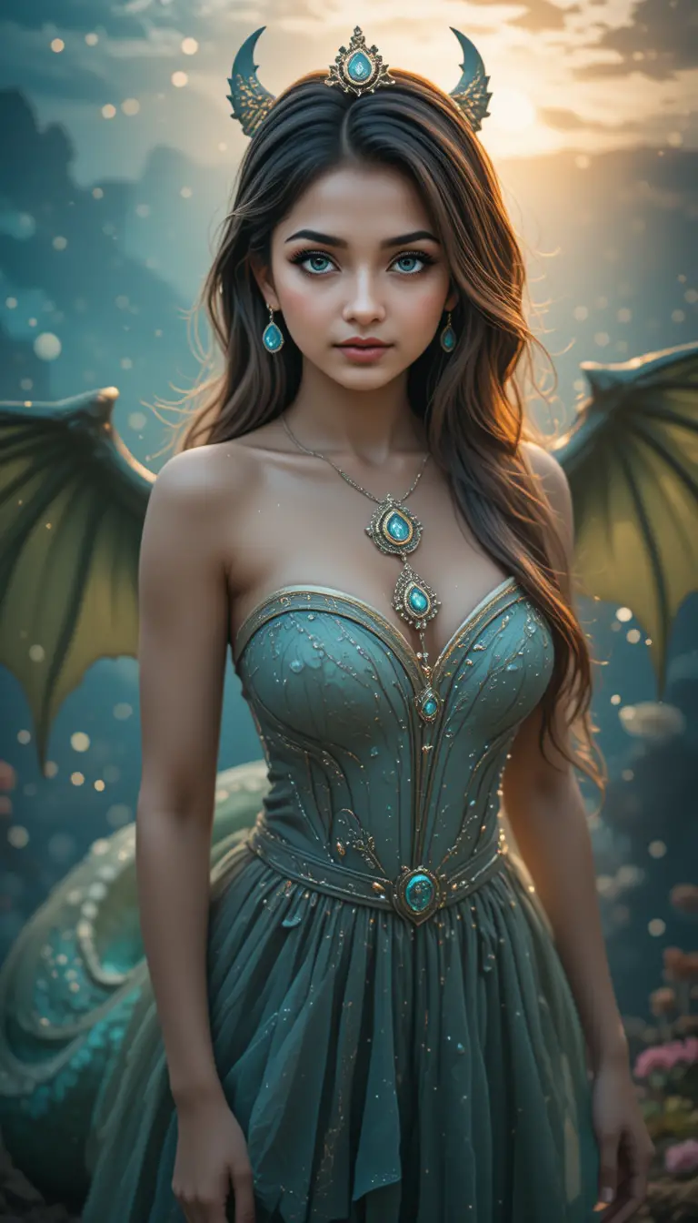 Fille anime à cornes de dragon sous l’eau dans un océan au coucher du soleil