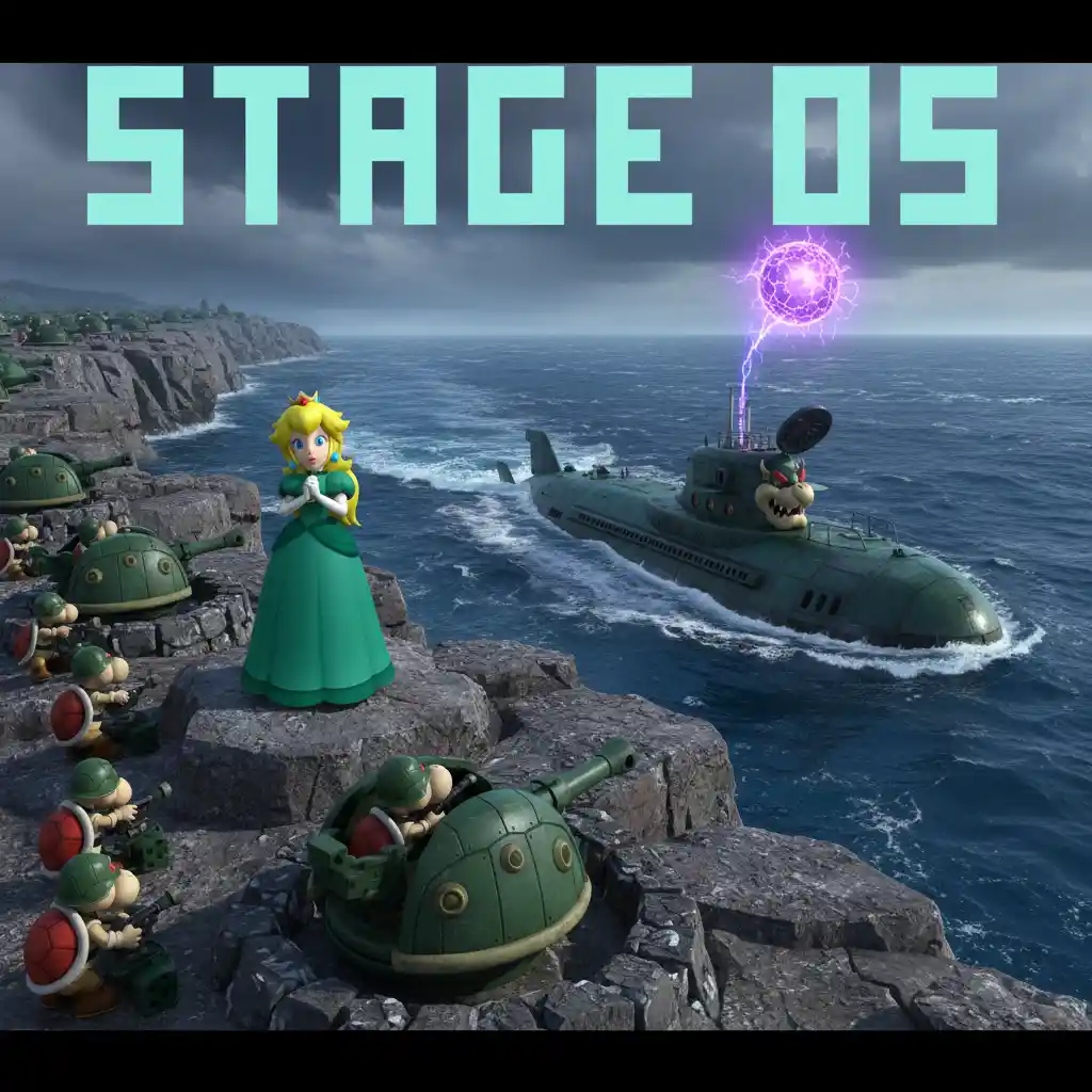 Princess warrior leading Koopas on a fortified sea front