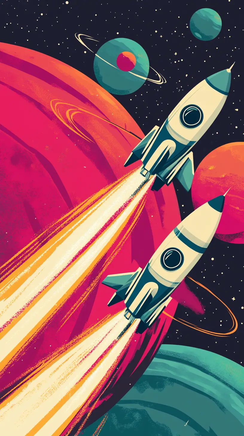 Retro rocketships racing through colorful outer space scene
