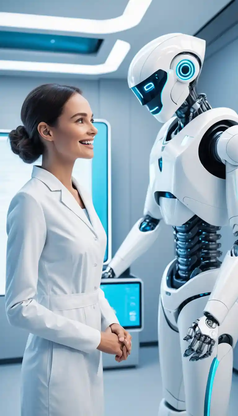 Dentista futuristica e assistente robot in una clinica hi-tech