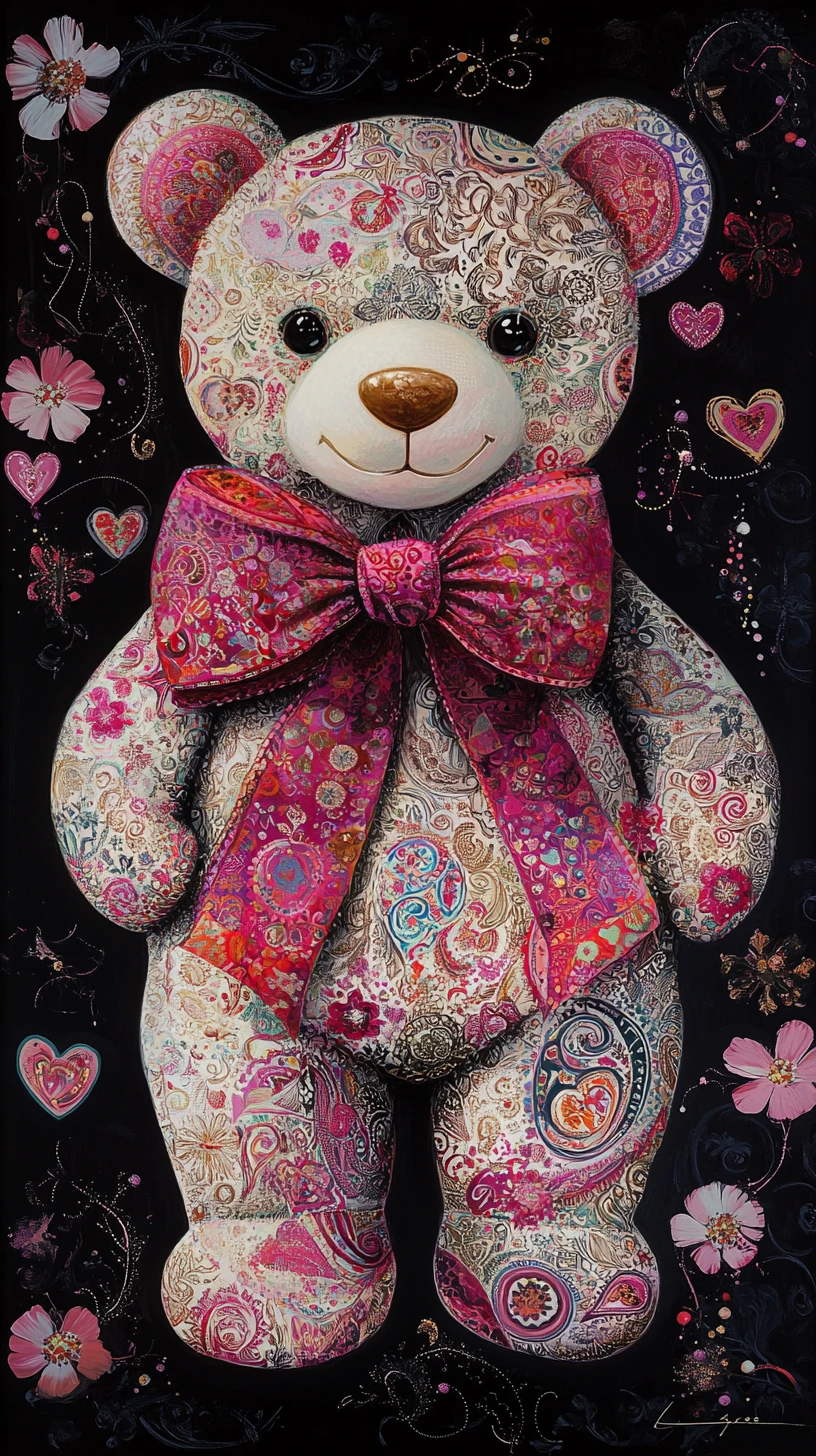 Urso de pelúcia de Dia dos Namorados onírico com laço rosa ornamentado