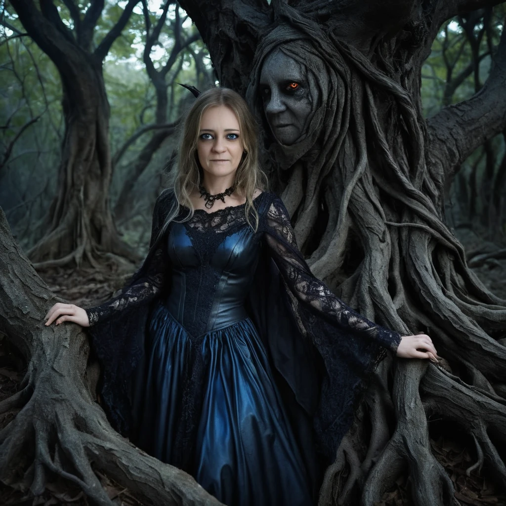 Ethereal witch stepping over roots in a dark forest