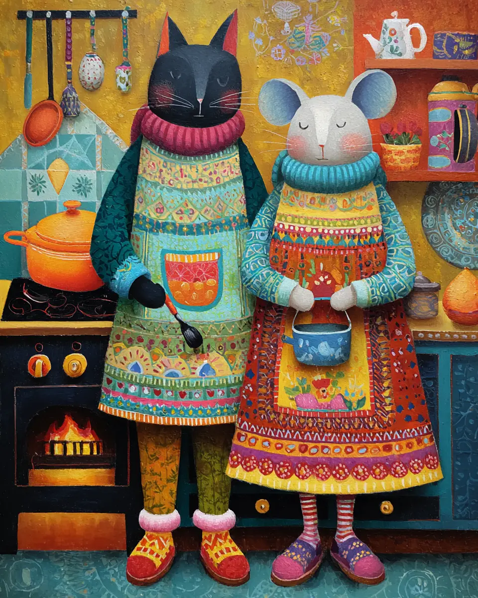 Lindo gato y ratón cocinando juntos en acogedor arte folclórico
