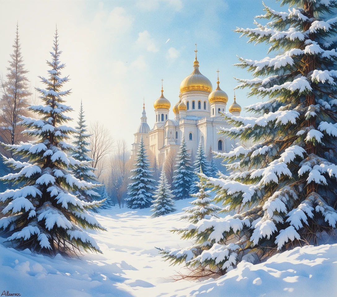 Sunlit Russian winter forest with snowy fir branches