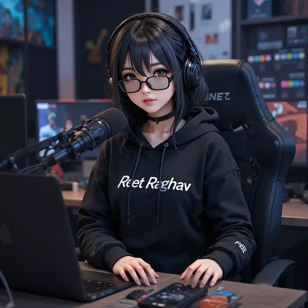 Anime girl streamer at modern desk with microphone and laptop