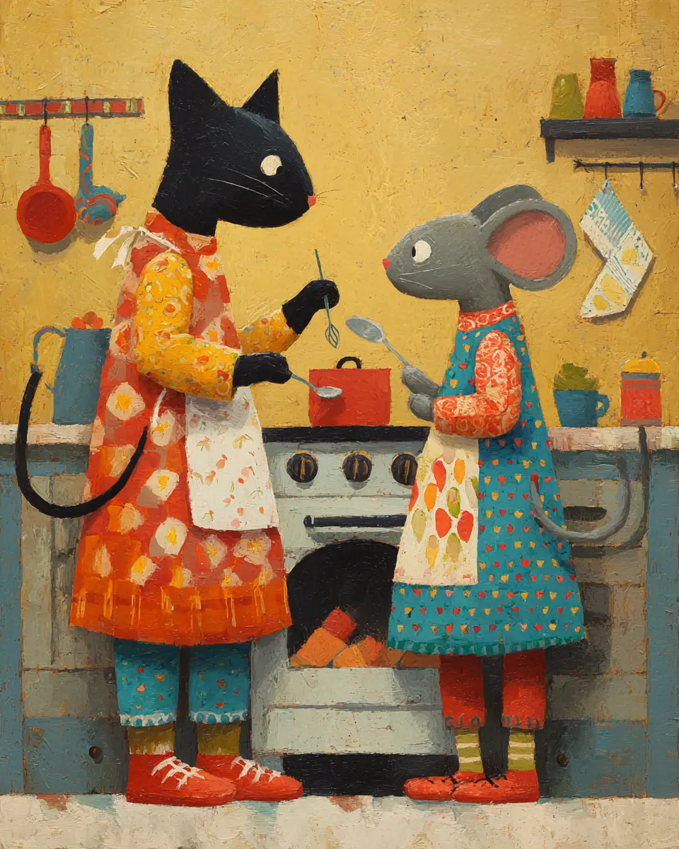 Adorable gato y ratón de arte folclórico cocinando juntos en interiores