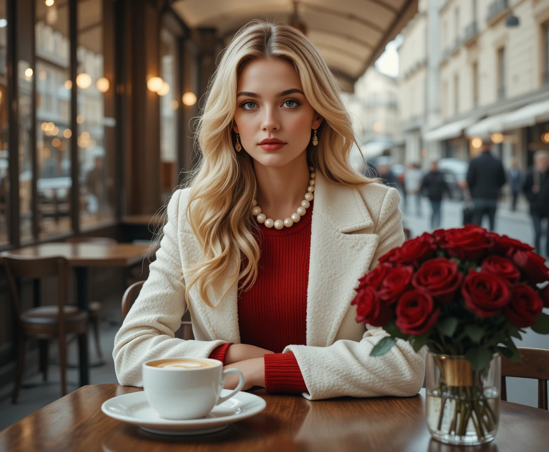 Elegant blonde woman at a Parisian street cafe table