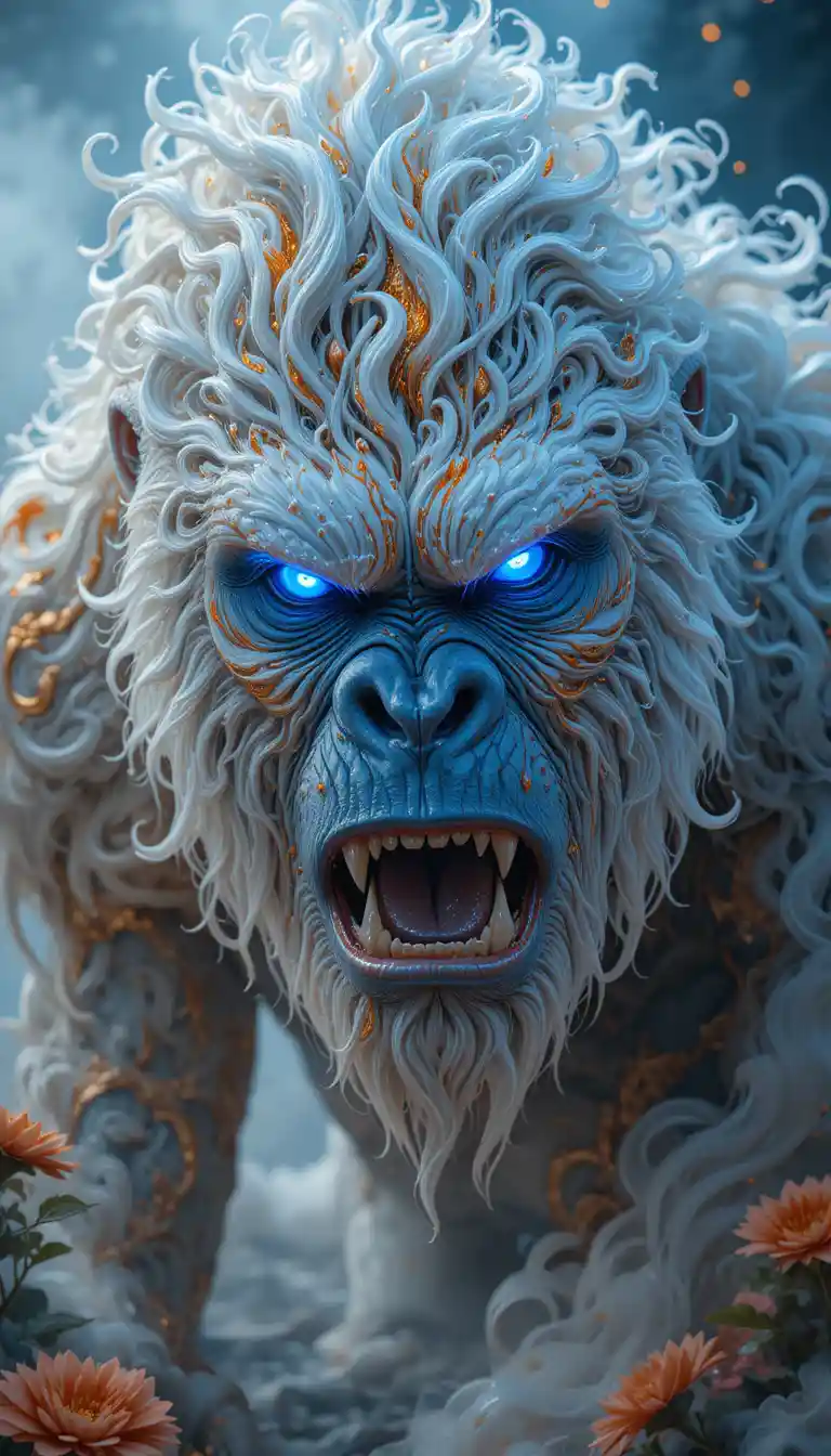 White Fur Gorilla Warrior With Glowing Blue Tribal Tattoos