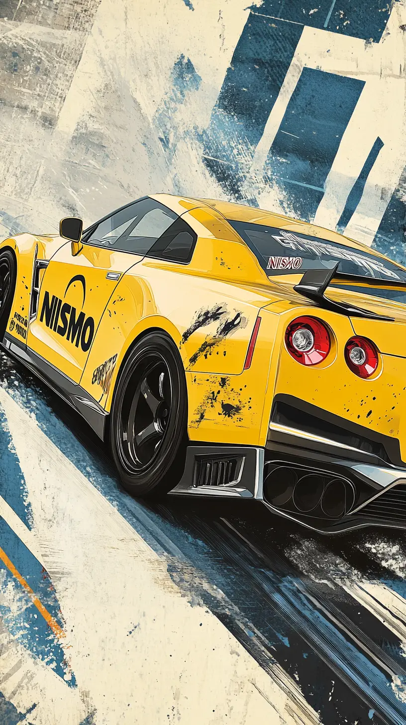 Gelber Rennsportwagen in kräftiger Pop-Illustration