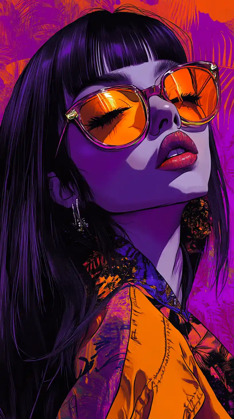 Ilustración de moda de una mujer joven en llamativos tonos naranja y morado