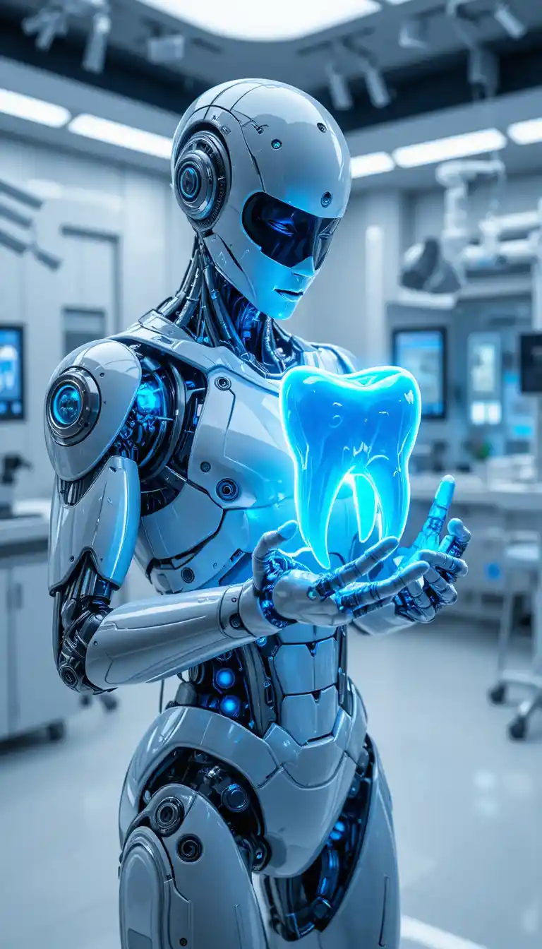 Futuristic Medical Robot With Holographic Human Tooth Blueprint