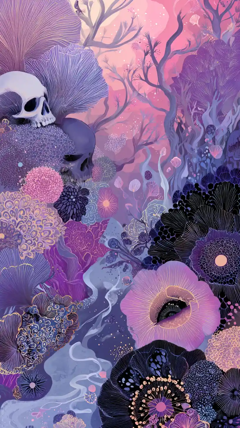 Surreal abstract scene with playful skull motifs and light