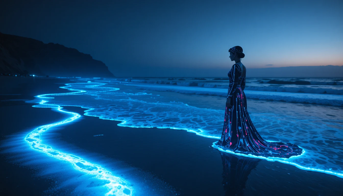 Ondas Bioluminescentes Rolando Suavemente em uma Praia Silenciosa à Noite
