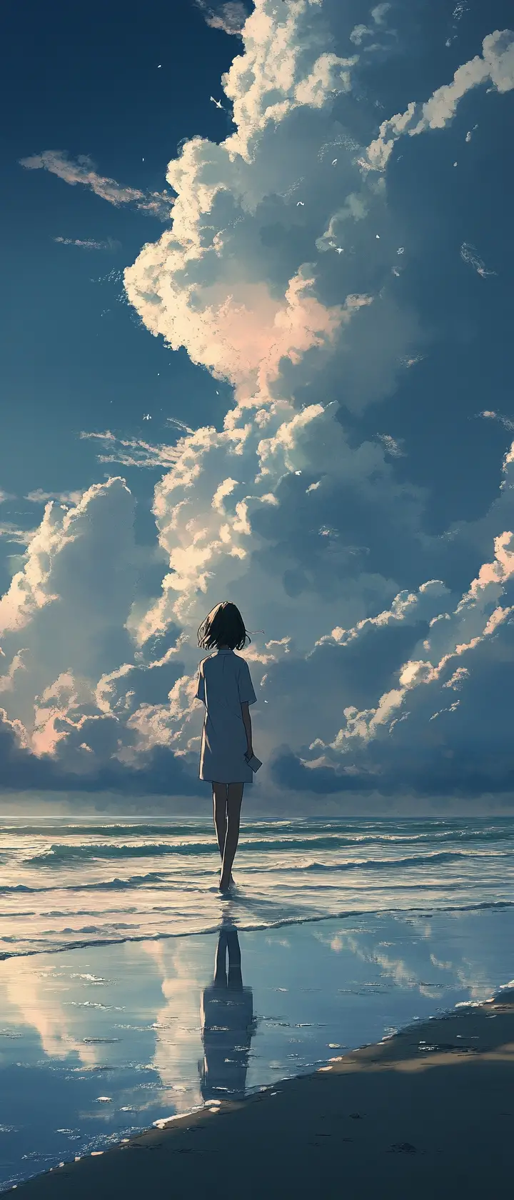 女子在海灘上拿著訊息瓶道別